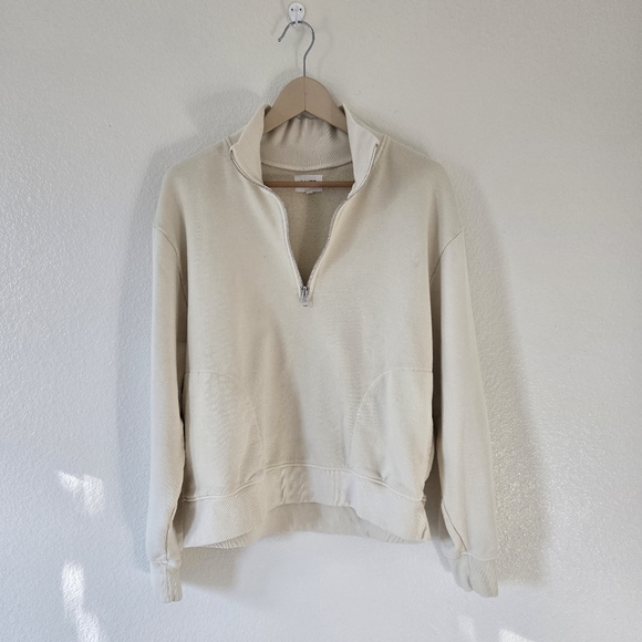 MATE The Label Organic Fleece Quarter Zip Sweatshirt Womens Medium Bone Relaxed - Picture 4 of 15